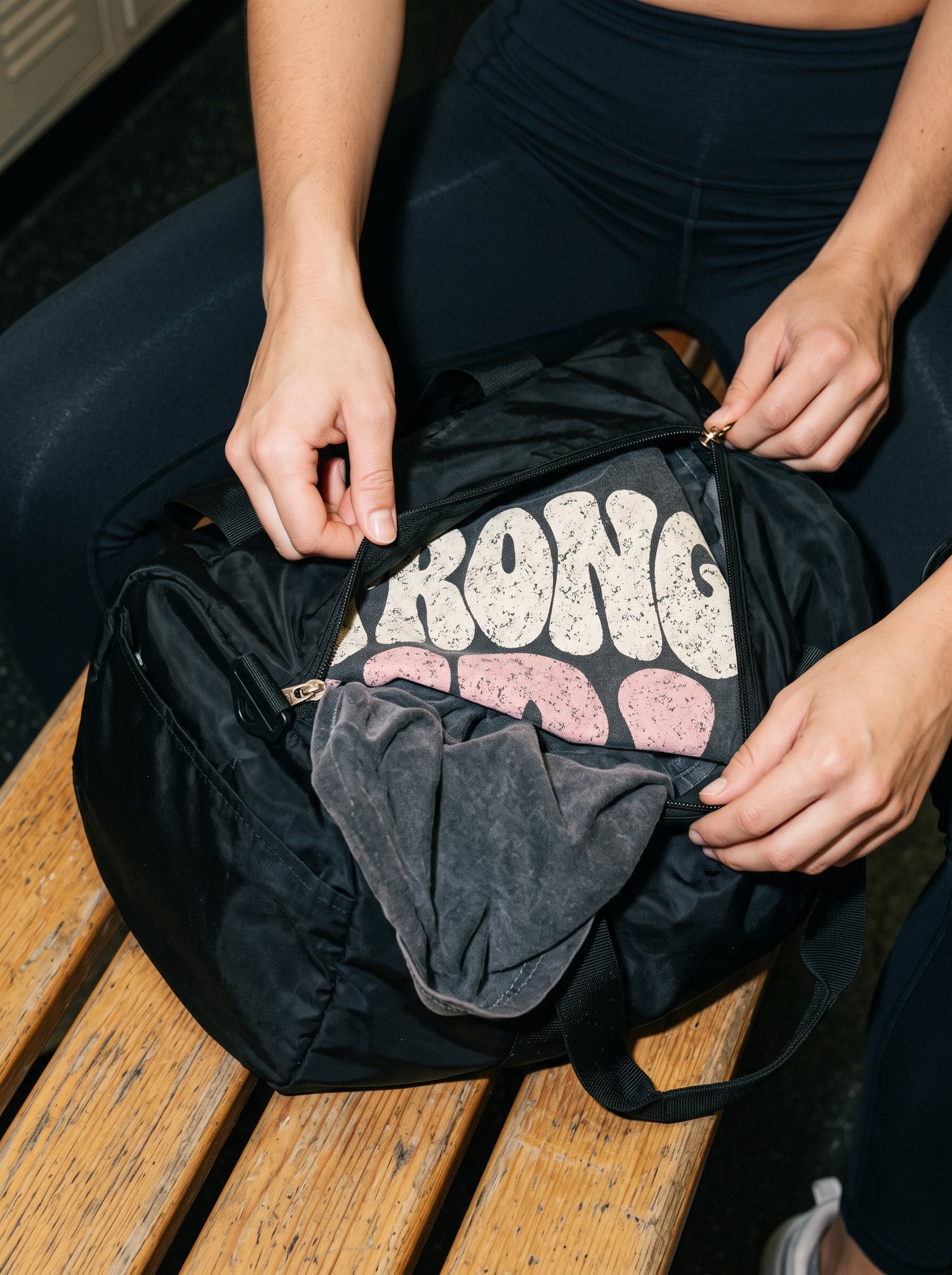 Hands zipping up a gym bag with a Strong Girl Club tee inside on a wooden bench