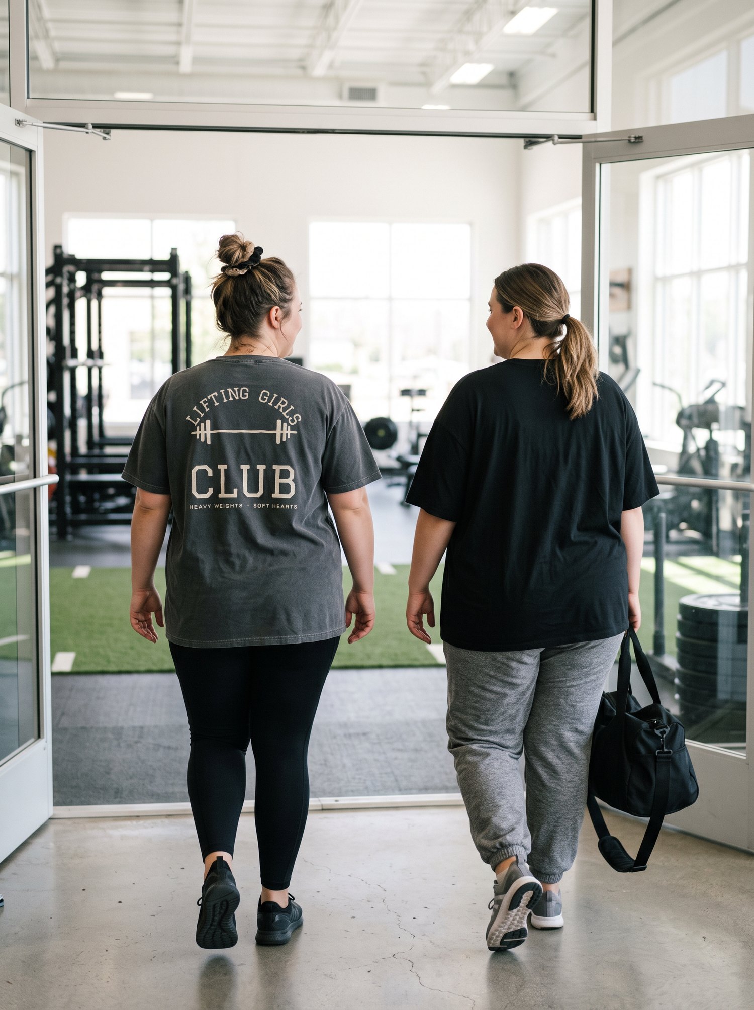 Two friends walking into the gym together