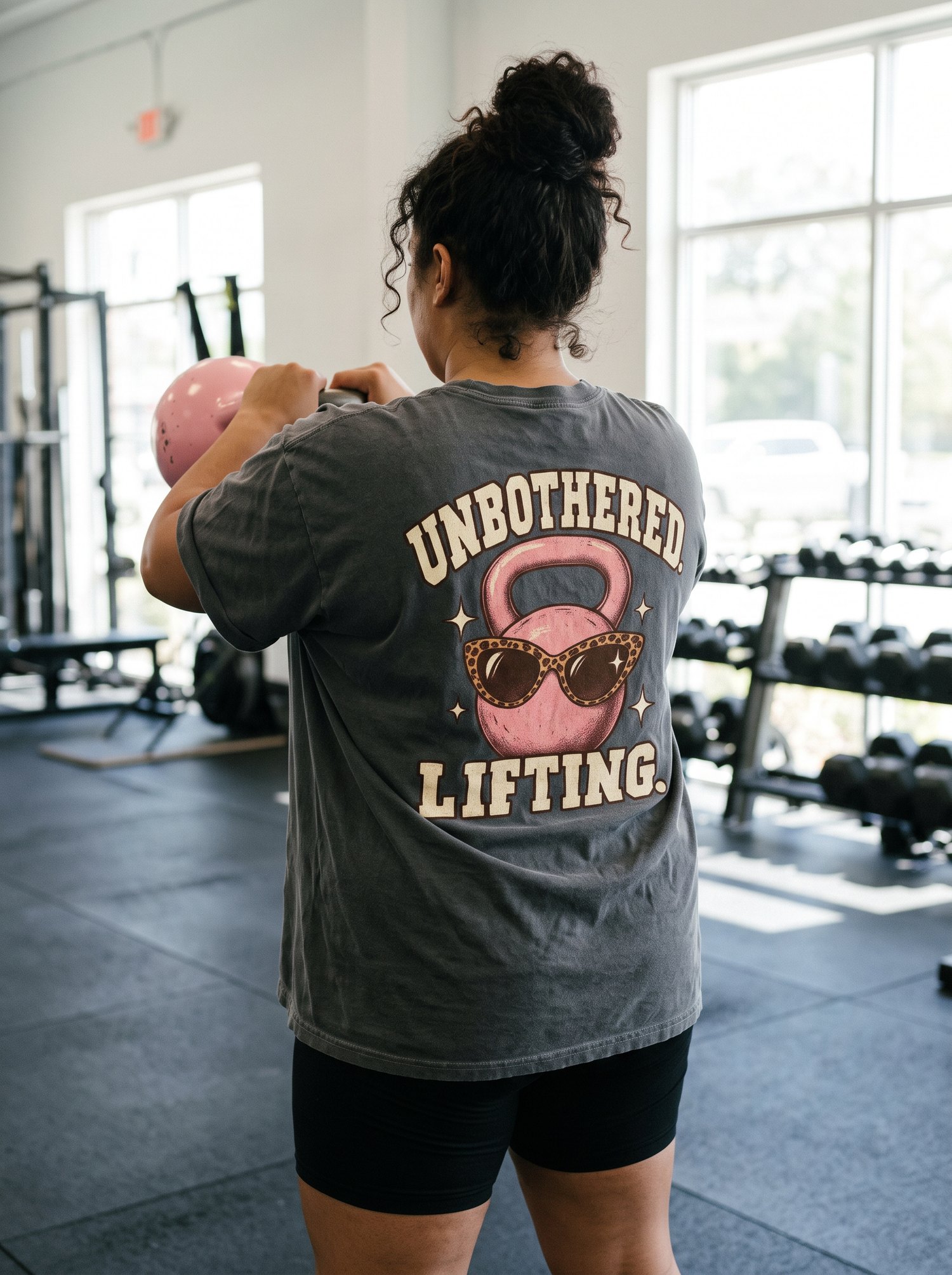 Woman holding a pink kettlebell wearing an oversized Unbothered Lifting tee and biker shorts