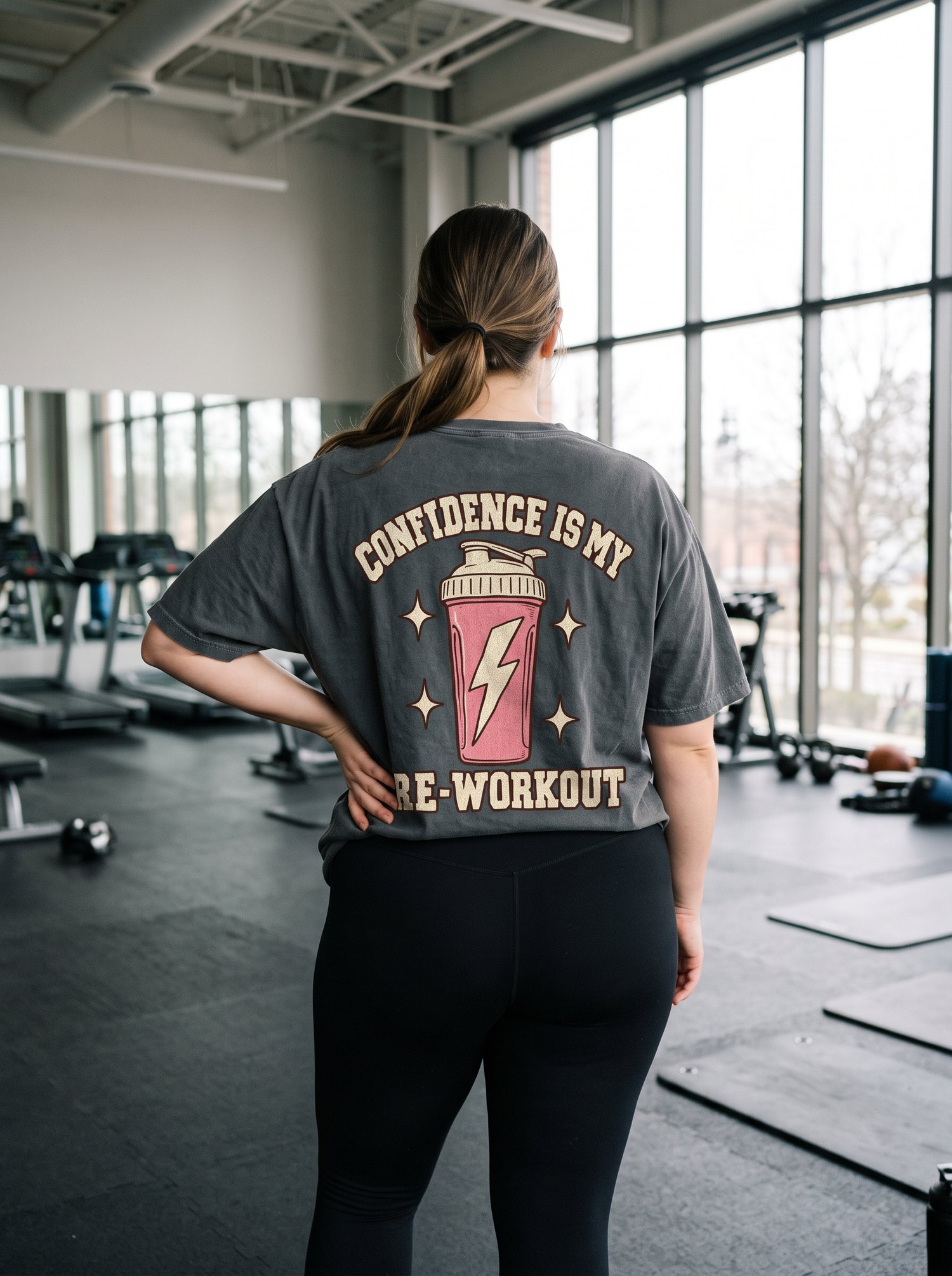 Woman in the gym wearing an oversized Confidence Is My Pre-Workout tee with black leggings