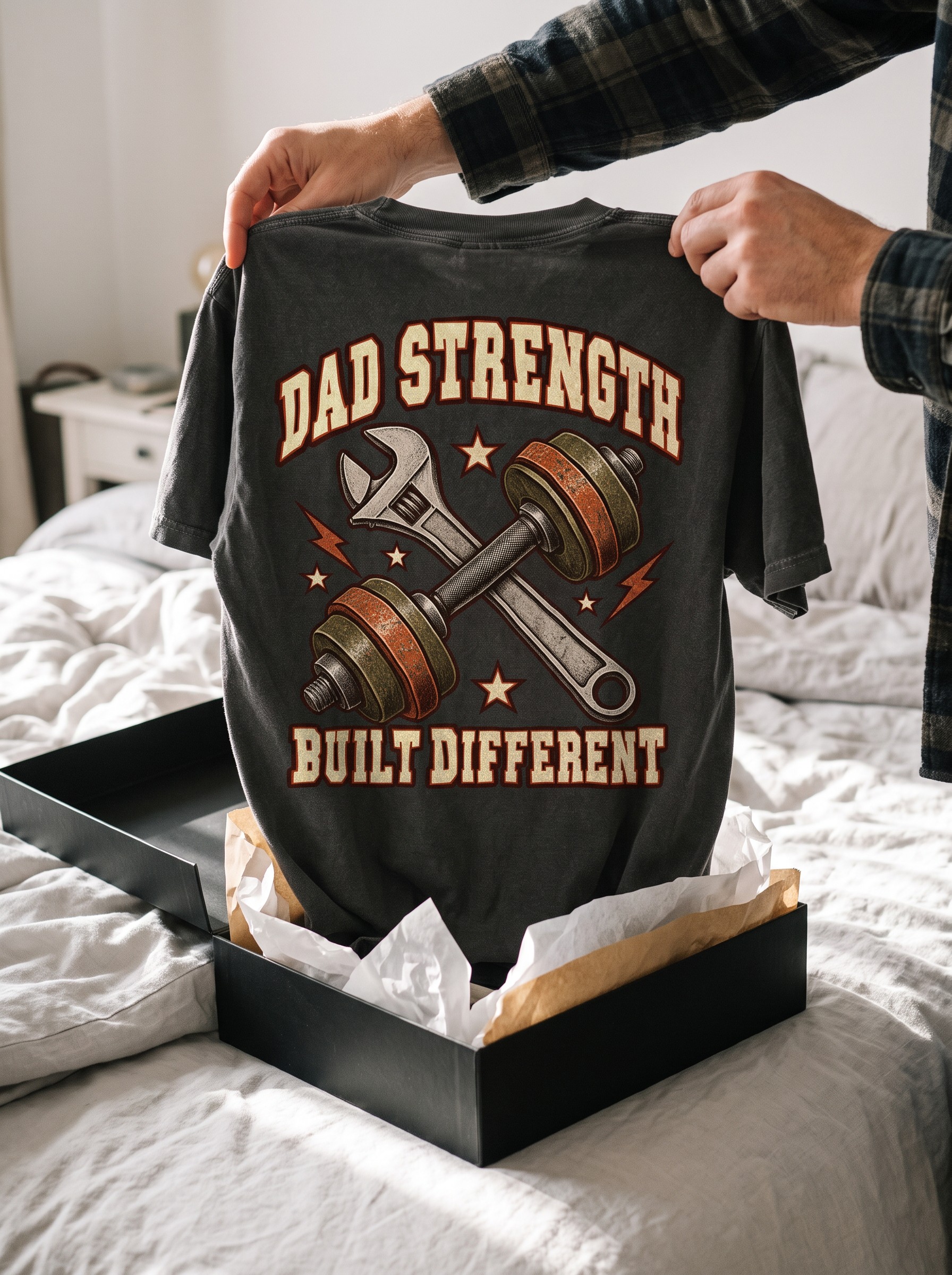 Dad Strength tee lifted out of a gift box
