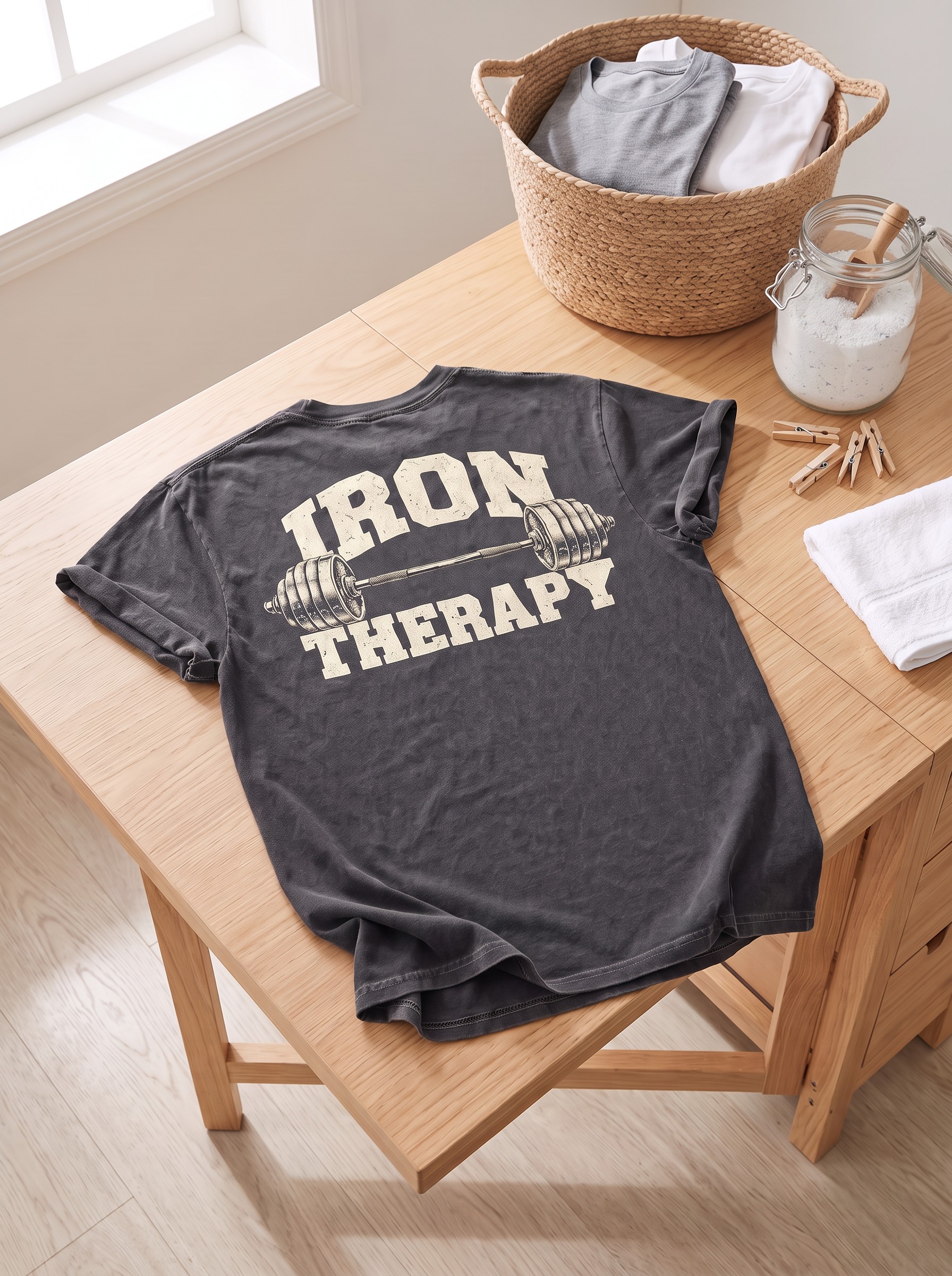 Iron Therapy tee laid flat in a laundry room