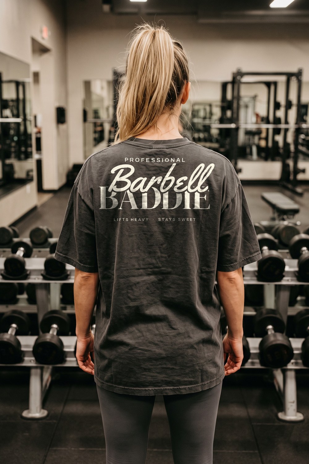 Barbell Baddie oversized tee at the dumbbell rack