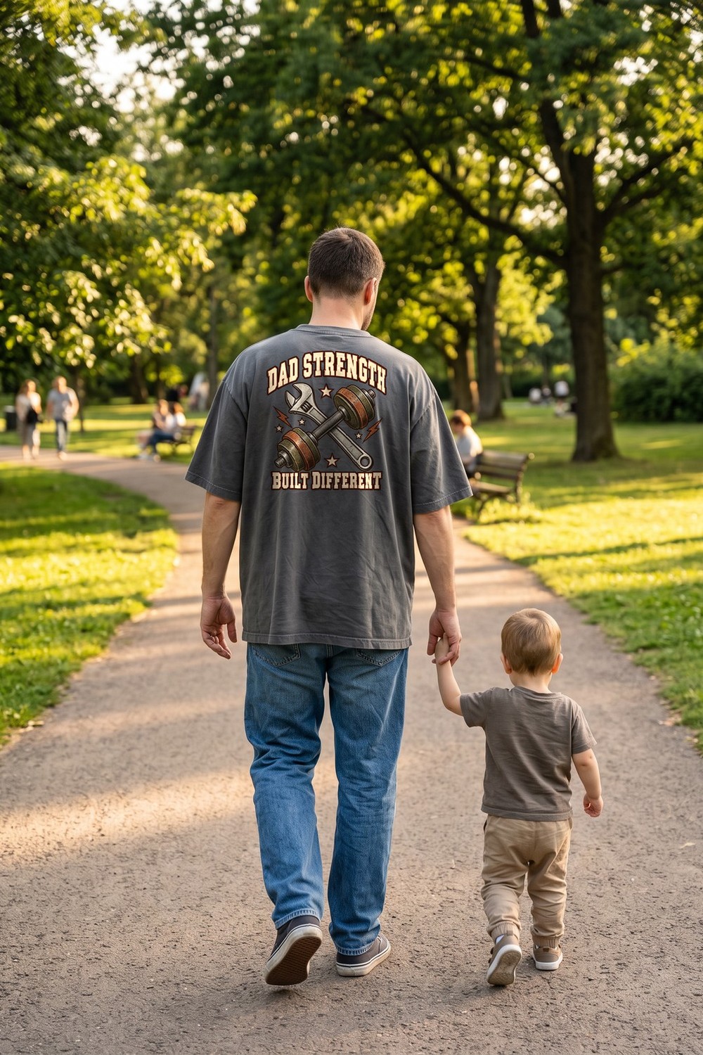 Man in a Dad Strength oversized tee in the park with his toddler