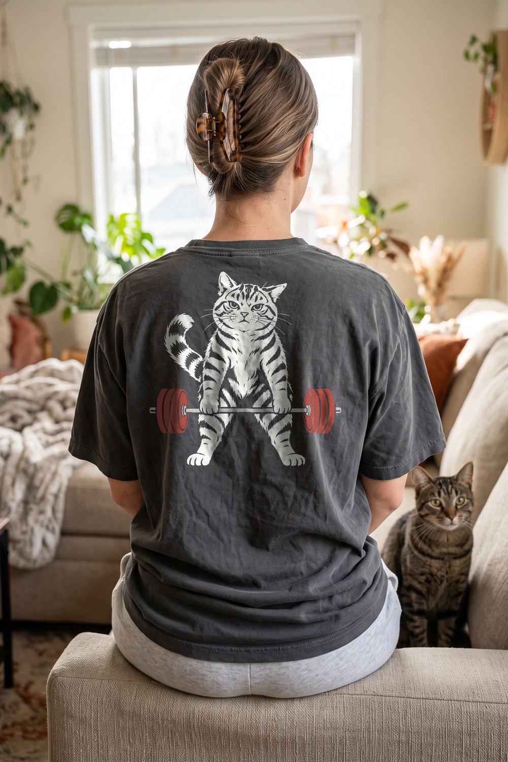 Deadlift Cat oversized tee worn on the couch next to a cat