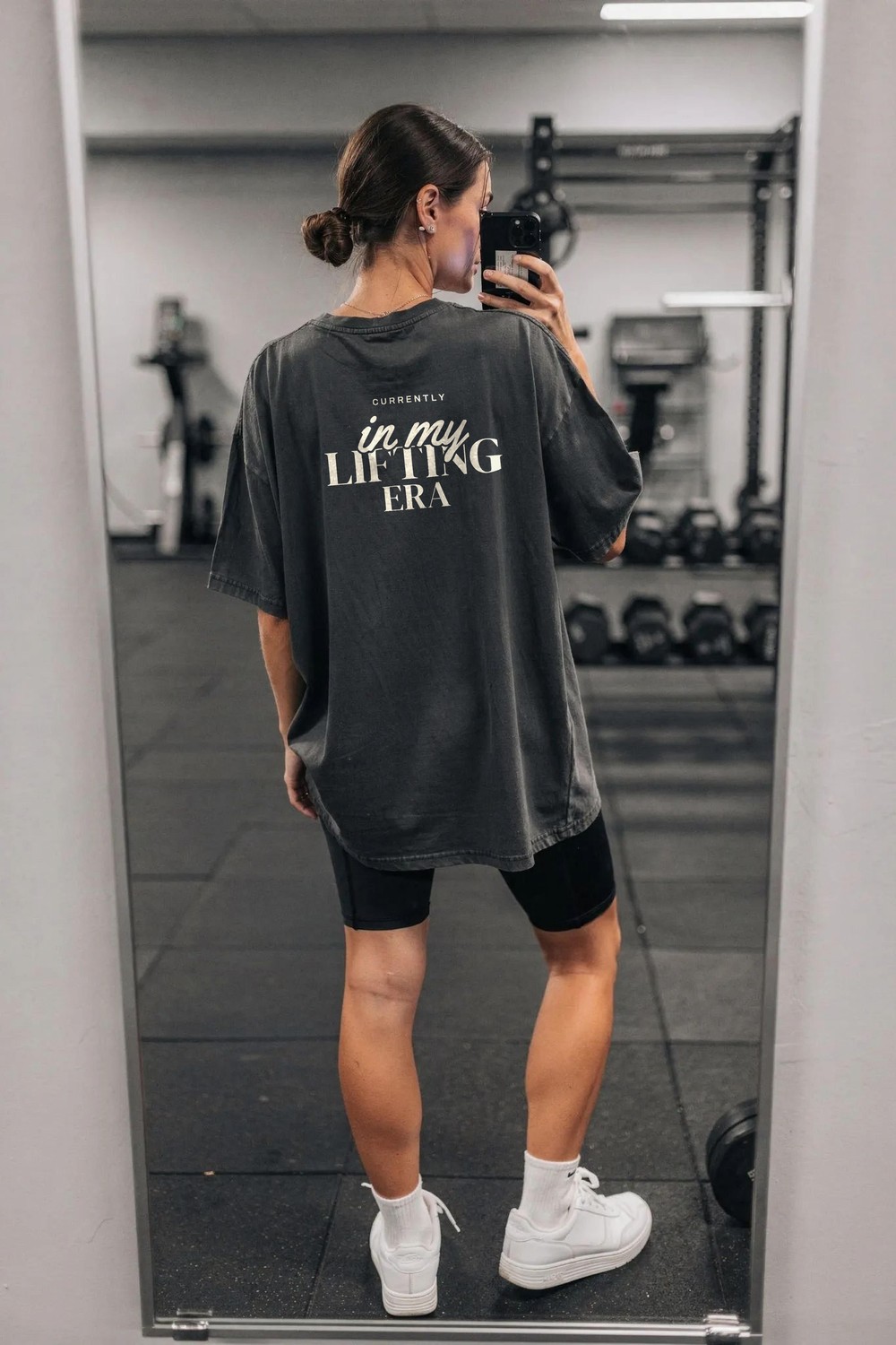 Gym mirror selfie in an In My Lifting Era tee
