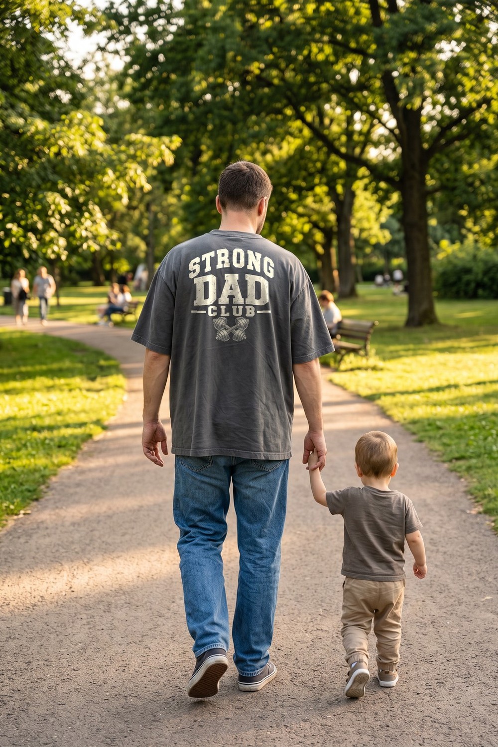 Man in a Strong Dad Club oversized tee in the park with his toddler