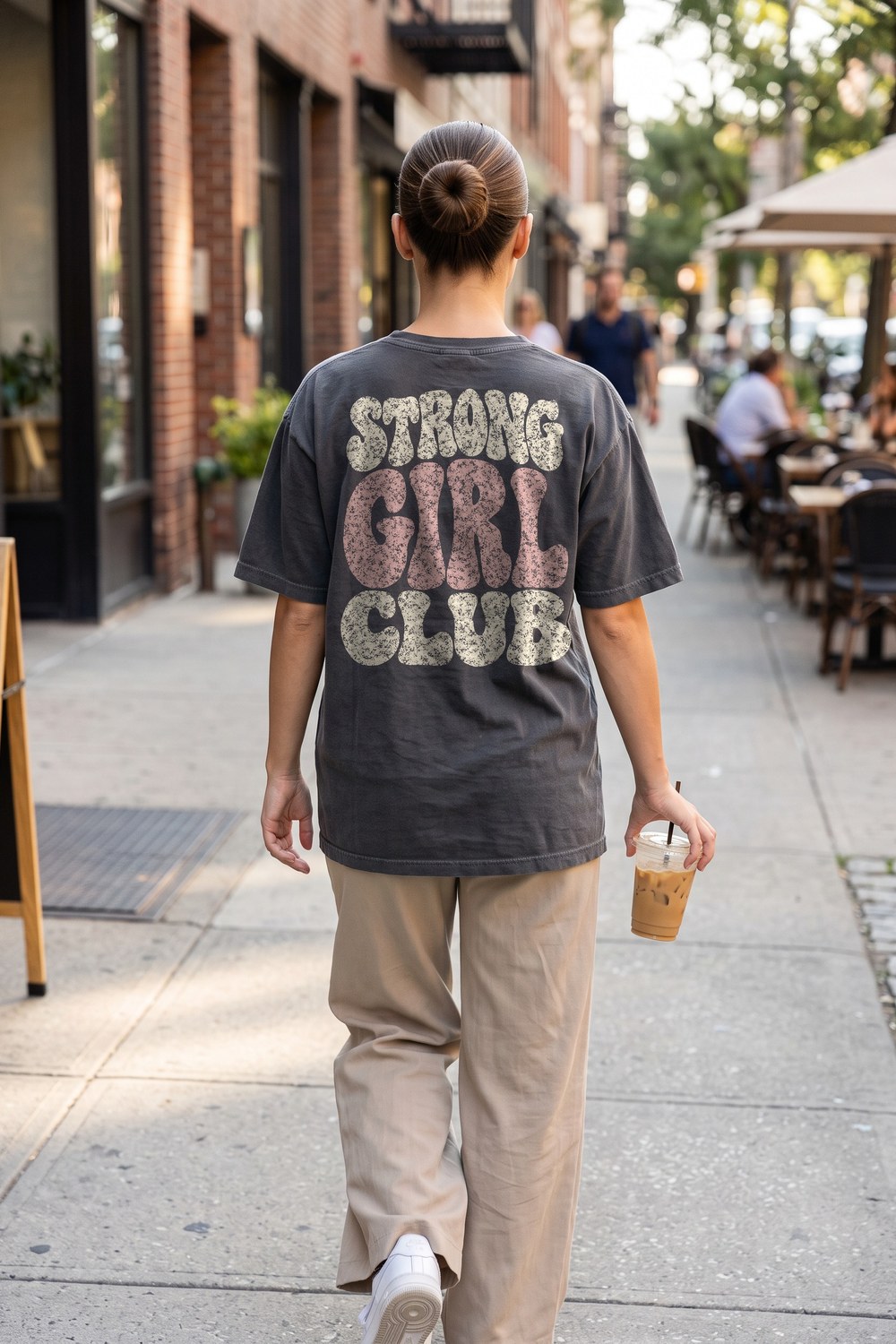 Strong Girl Club tee with wide-leg pants